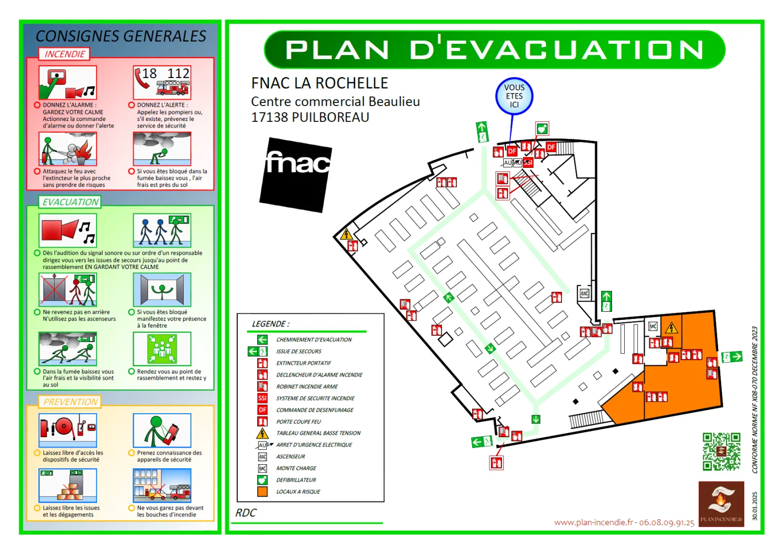 Plan d'évacuation de la FNAC La Rochelle, montrant le plan du RDC, les consignes générales de sécurité incendie, les chemins d'évacuation et la légende des équipements.