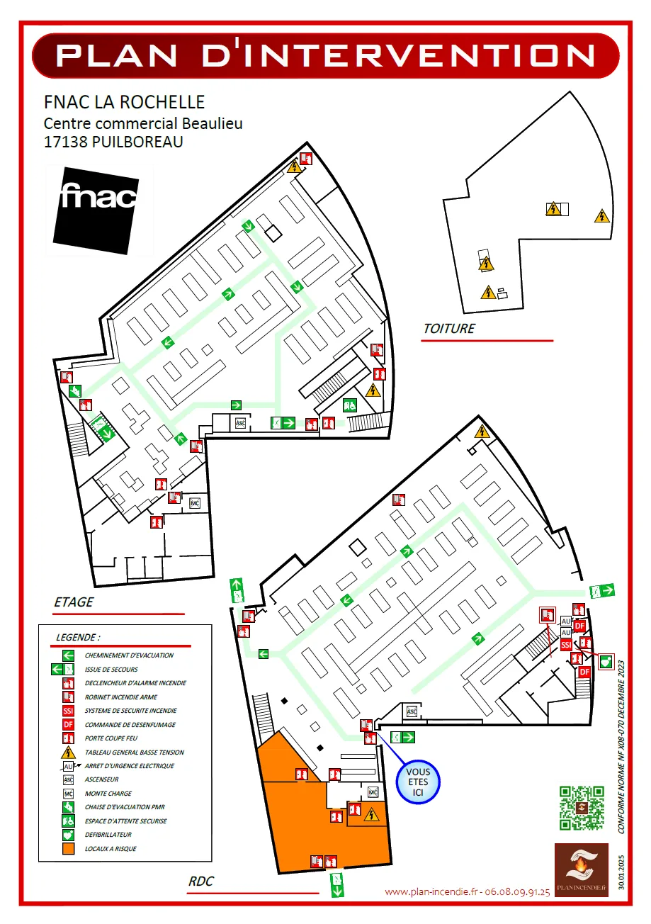 Plan d'intervention de la FNAC La Rochelle, affichant les plans du RDC, de l'étage et de la toiture, avec les chemins d'évacuation, les équipements de sécurité incendie et une légende technique détaillée.