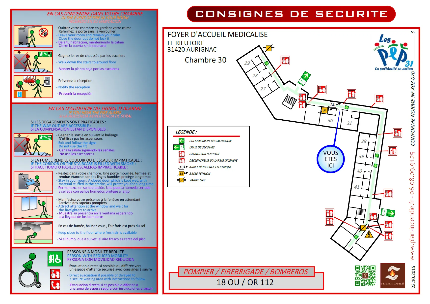 Plan de consignes de sécurité incendie pour une chambre de foyer d'accueil médicalisé, affichant le plan d'évacuation, les icônes de sécurité et les instructions multilingues.